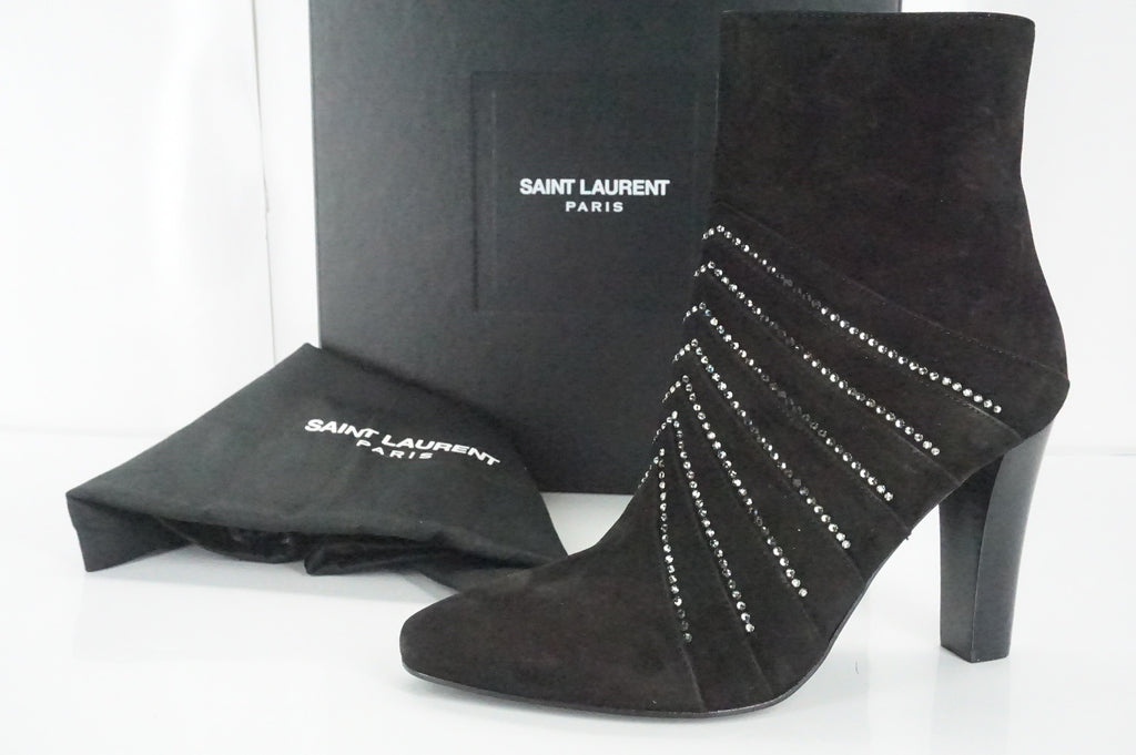 Saint Laurent Paris Lily Black Suede Crystal Ankle Boots Size 36.5 NIB YSL Yves