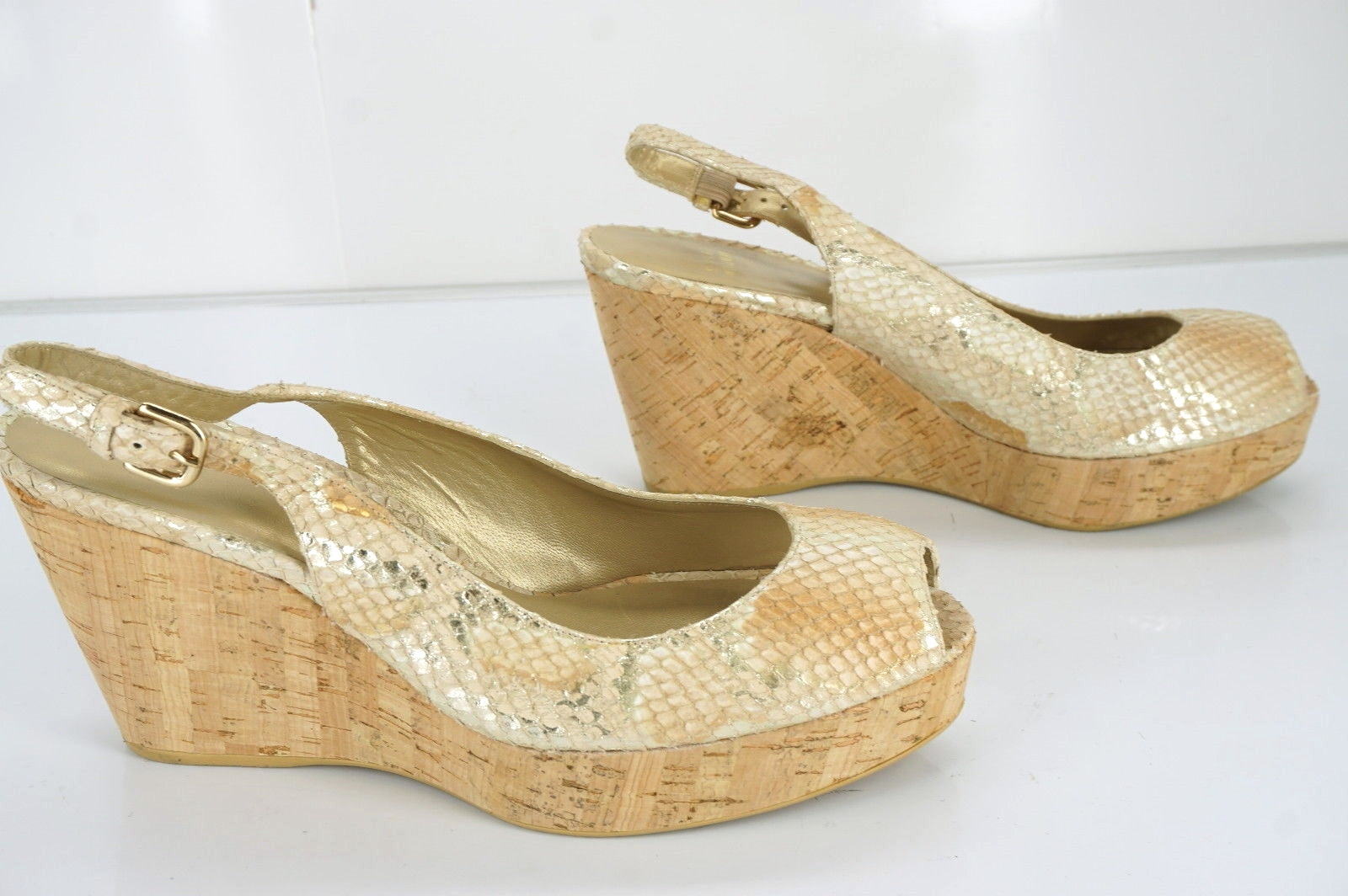 Stuart Weitzman Jean Metallic Snake Slingback Cork Wedge Heel Sandal SZ 10.5 New