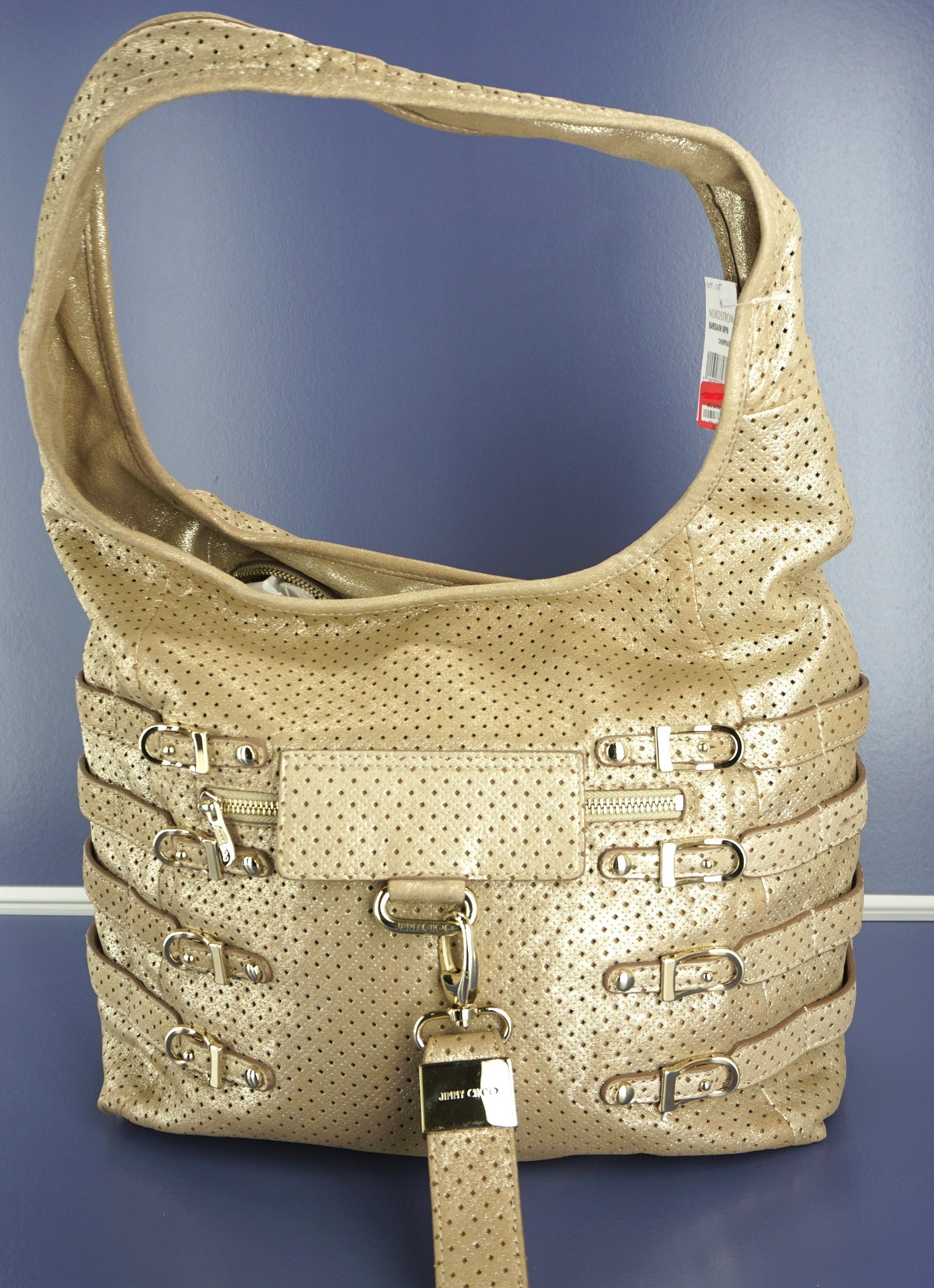 Jimmy Choo Bardia Perforated Shimmer Suede Buckle Strap Hobo Shoulder Bag $1650