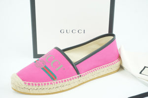 Gucci Pilar Pink GG Logo Canvas Espadrille Flat Loafers SZ 38 $560 NIB slip on