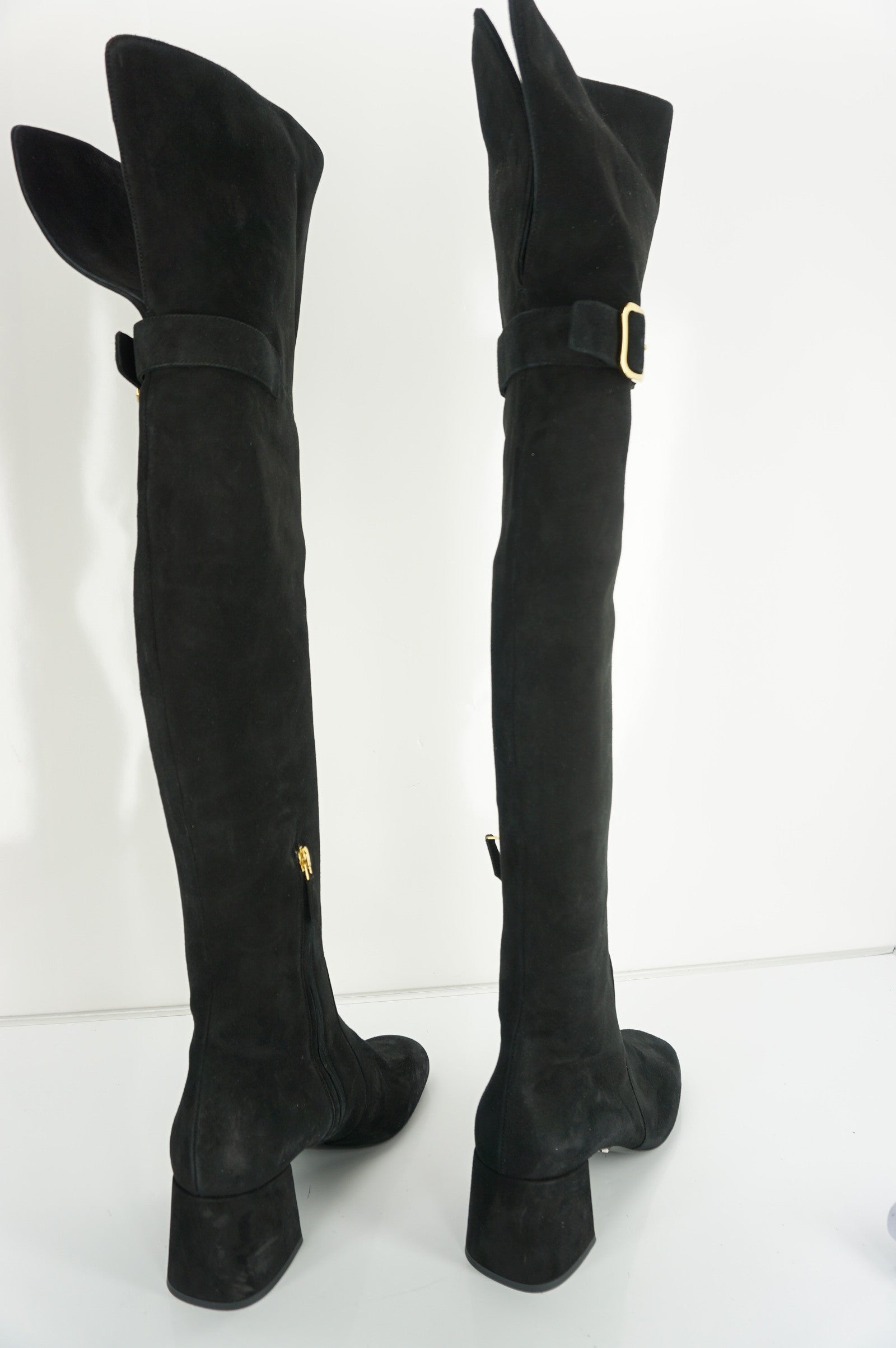 Prada Black Suede Leather Over The Knee Block Heel Boots Size 37 New Tall $1895
