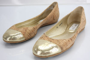 Jimmy Choo Whirl Cork Gold Leather Cap Toe Ballet Flats SZ 35 New $425 Metallic