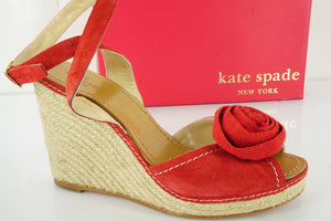 Kate Spade New York Red Suede Brit Flower Toe Wedge Heel Sandals Size 10.5 NIB