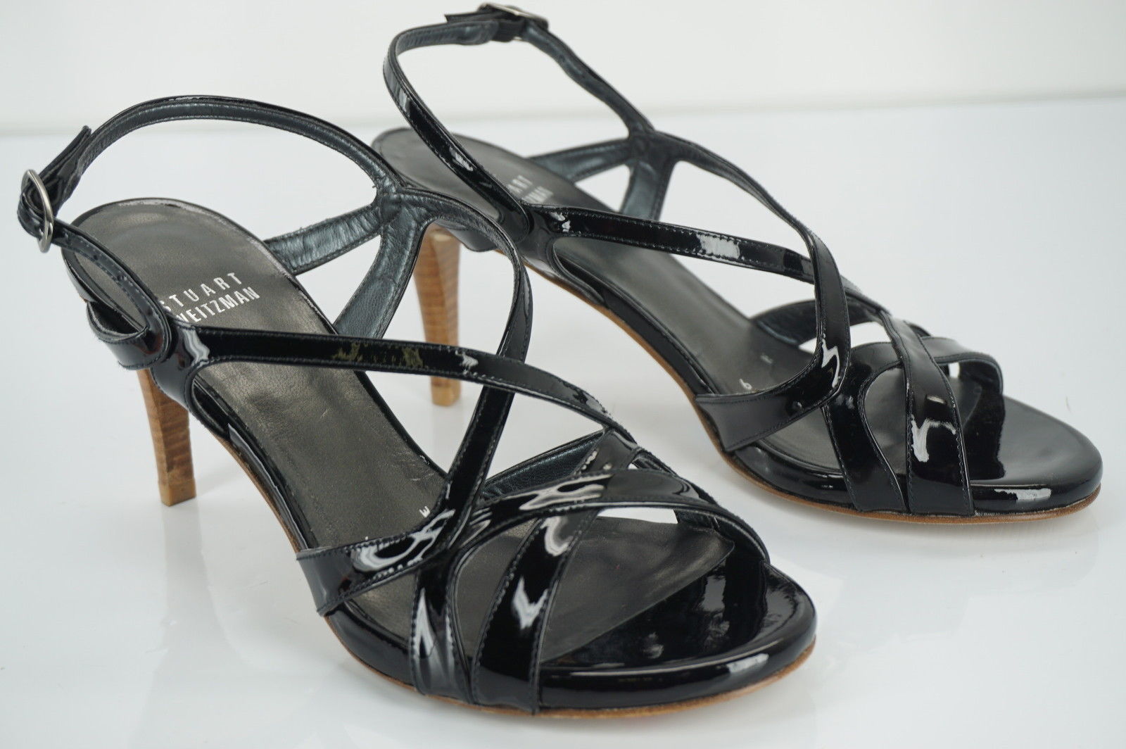 Stuart Weitzman Black Patent Leather Operetta Strappy Sandals SZ 6 Wide NIB $375