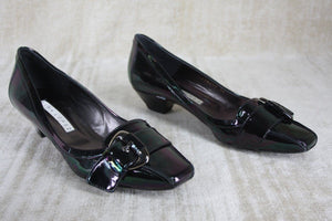 Pura Lopez Oily black patent Buckle Toe pumps Size 39 New $315