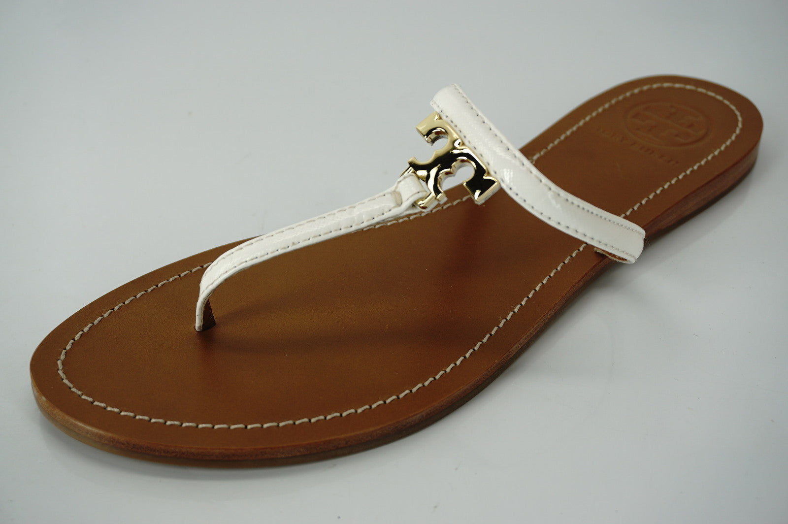Tory Burch Ivory Patent T Logo Leather Thong Sandals Size 10 flip flop NIB $175