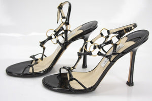 Jimmy Choo Black Patent Ring Strappy Sandal SZ 36.5 caged Ankle Heels $695