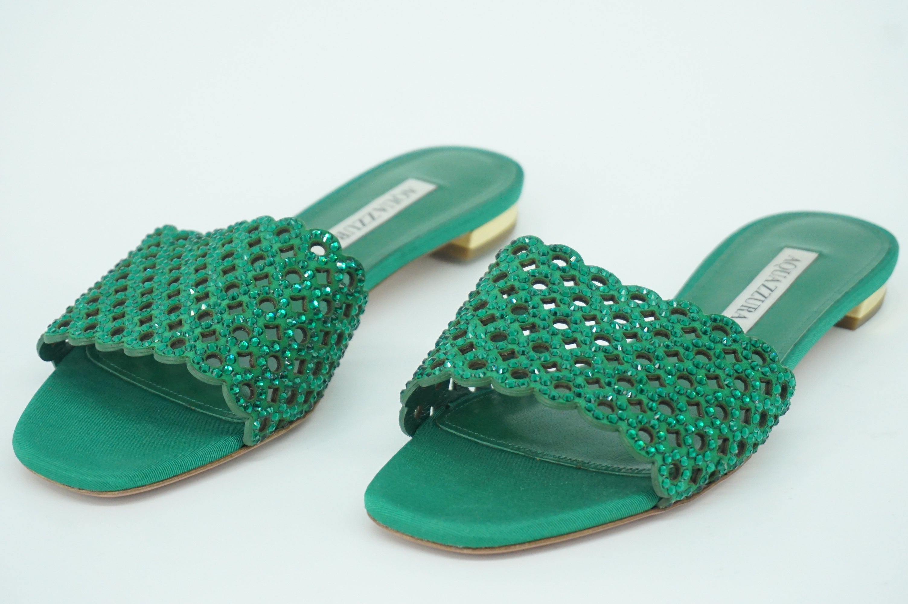 Aquazzura Candy Crystal Embellished Cutout Slide Sandal Satin Flats SZ 36 $895