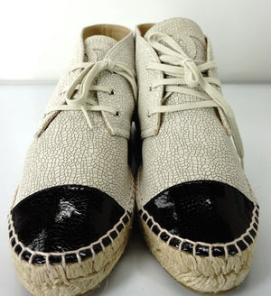Chanel Beige Leather Cap Toe Lace Up Ankle Espadrille Sneakers Size 37 NIB