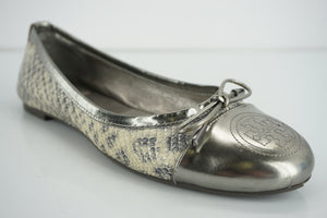 Tory Burch Womens Claremont Ballet Flat Silver Snake Leather Size 7