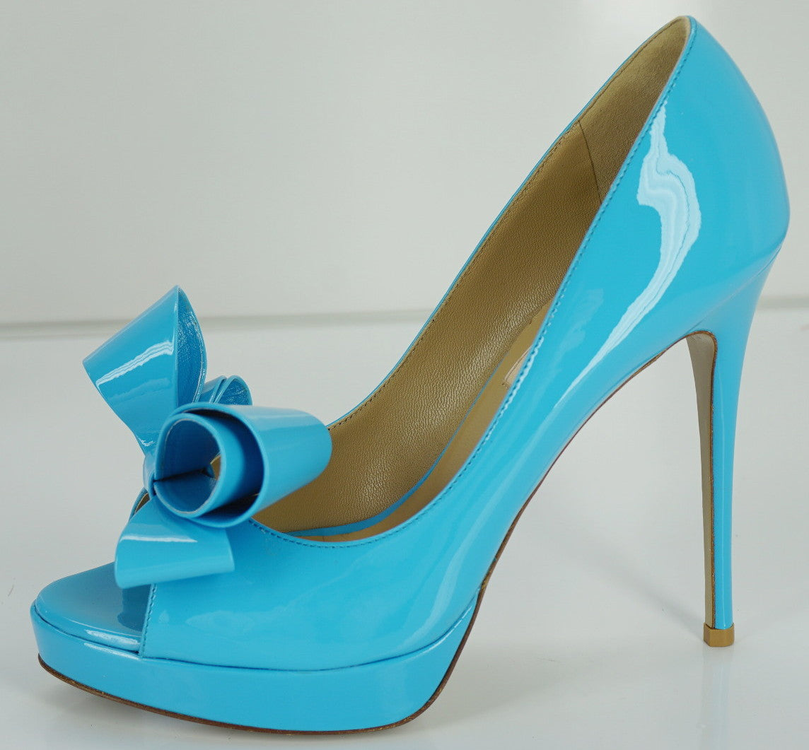 Valentino Blue Patent Bow Ope Toe Platform Pumps SZ 37 high heels $895 NIB