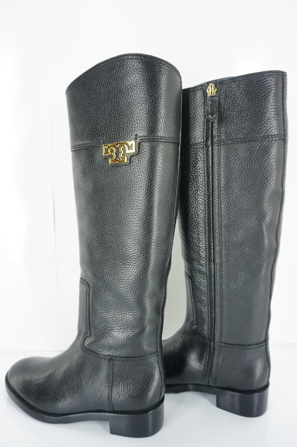 Tory Burch Joanna Black Leather Gold Logo Riding Boots Size 5.5 Heels NIB $495