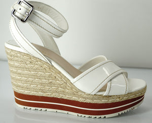 Prada White Leather Ankle Strap Espadrille Wedge Sandals Size 11 41 $850 NIB