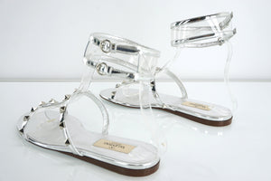 Valentino Silver Leather Rockstud Moonwalk Strappy Sandal Size 37 Gladiator $845
