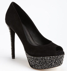 B Brian Atwood Black Suede Bea Crystal Studded Platform Pumps Size 9.5 New $395