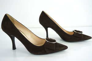 Prada Brown Suede Leather Pointy Bow Toe Heel Pumps size 38 Women $750 Strap Bow