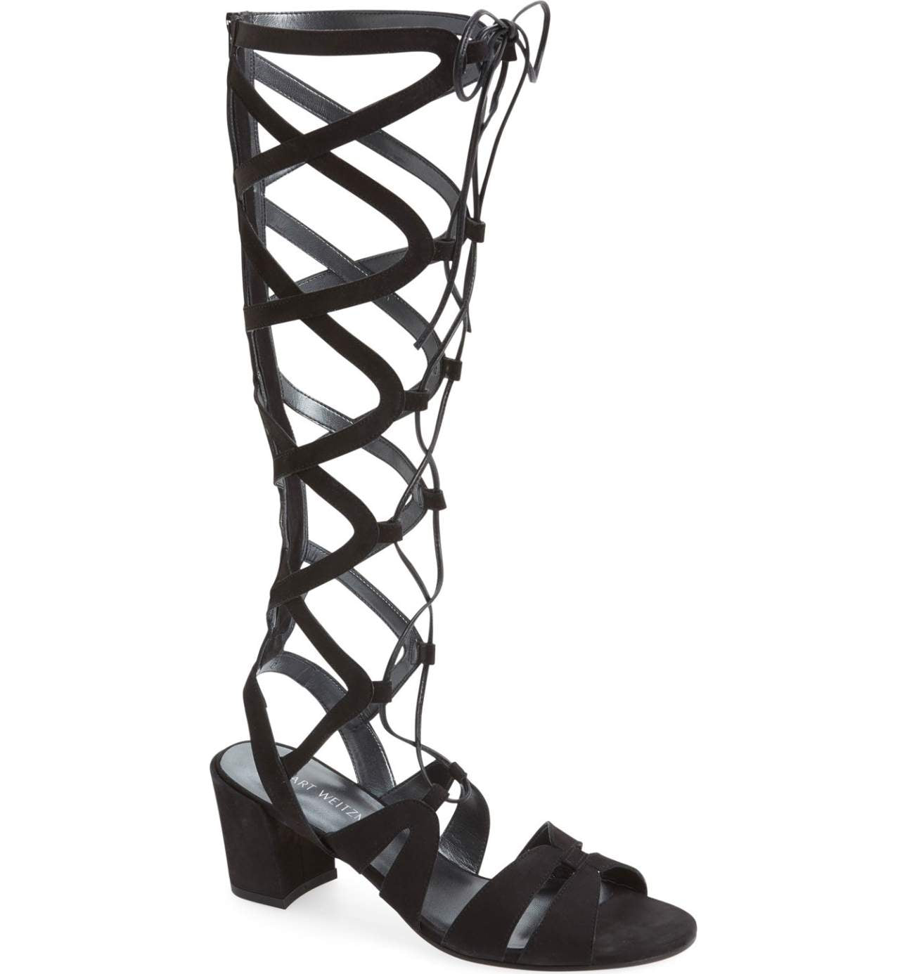 Stuart Weitzman Black Grecian Gladiator Sandals SZ 7 Strappy Knee High $300 New