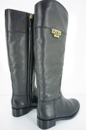 Tory Burch Joanna Black Leather Gold Logo Riding Boots Size 5.5 Heels NIB $495