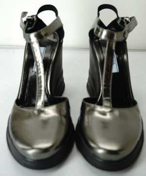 Prada Metallic Specchio Leather Wedge Mary Janes Sandals Size 38.5 New $850