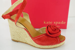 Kate Spade New York Red Suede Brit Flower Toe Wedge Heel Sandals Size 10.5 NIB