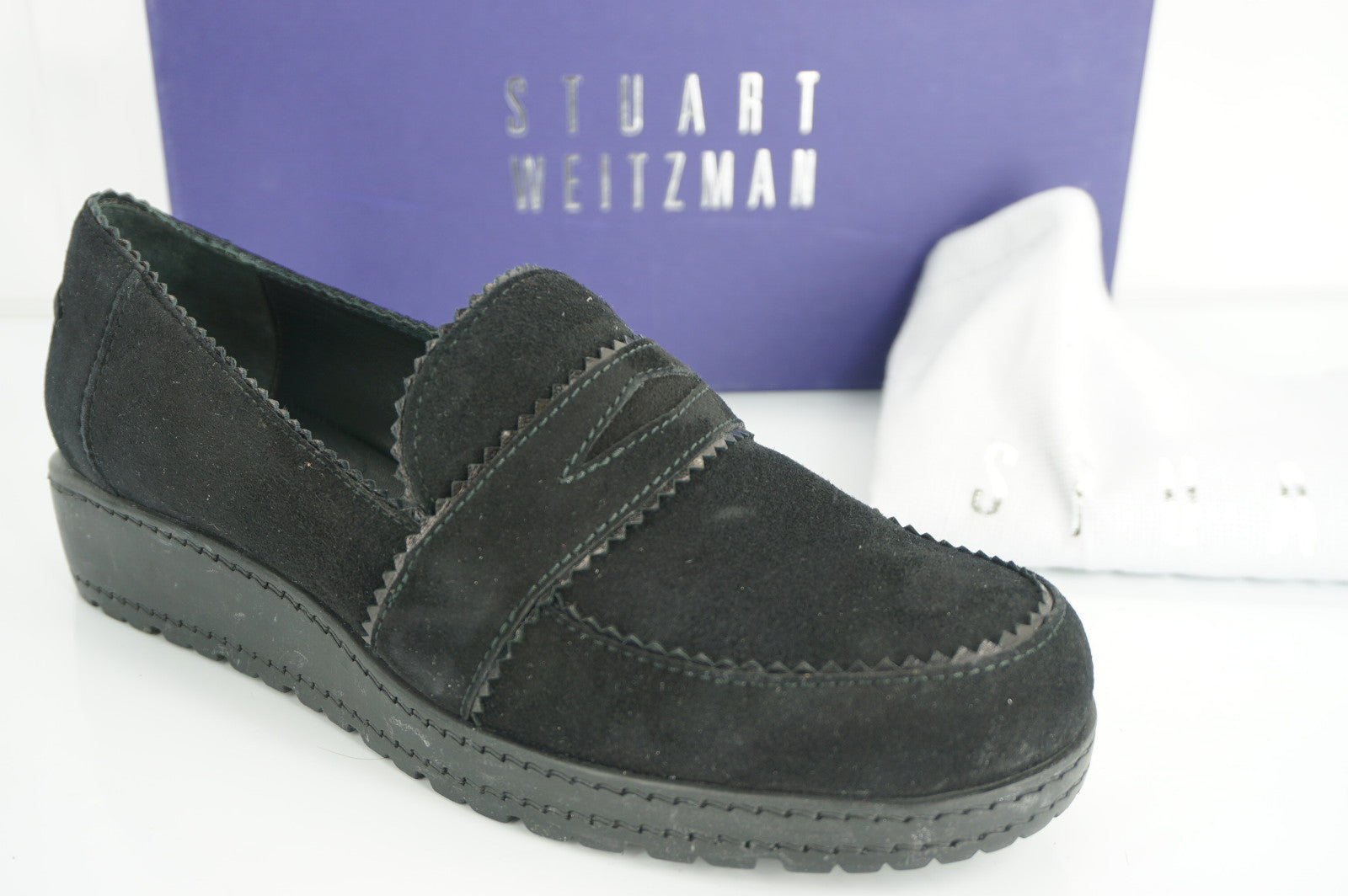 Size 7 Stuart Weitzman Schooldays Black Suede Platform Penny Loafers NIB $399