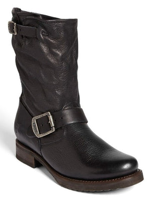Frye Veronica Shortie Black Leather Biker Boots size 7.5 Slouchy Buckle $327