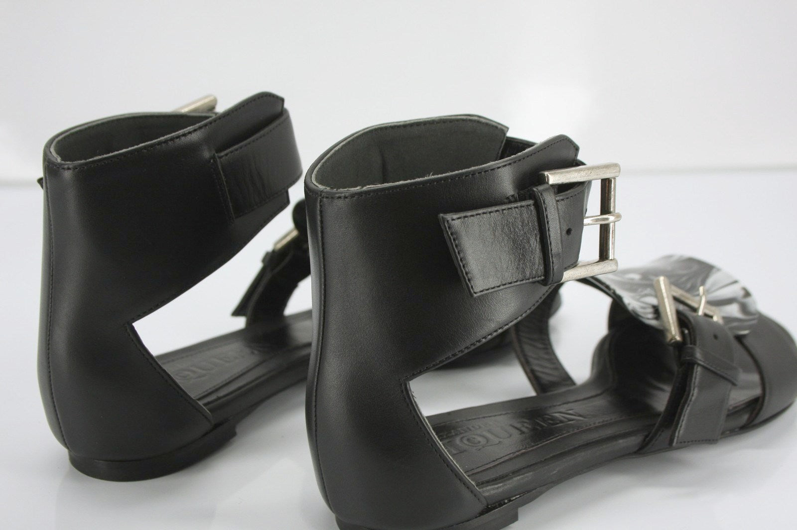 Alexander McQueen Black Leather Flat Ankle Strap Sandals Size 37 Womens New $895