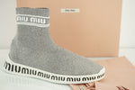 Miu Miu Logo Heel Sock High Top Sneaker SZ 38.5 Silver Glitter Fabric NIB $745