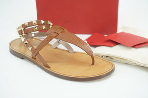 Valentino Rockstud brown Leather Ankle Strap Flat Thong Sandals Size 36 NIB $895