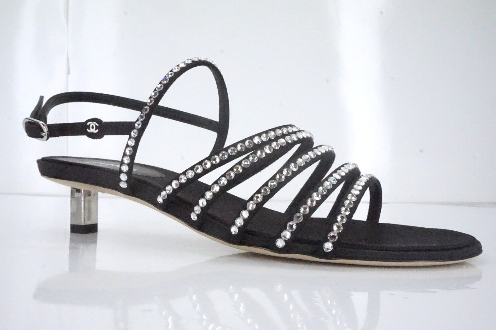 Chanel Crystal Caged Strap Kitten Heel Sandals Size 38 Logo New CC $1075