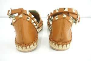 Valentino Garavani Rockstud brown Leather Ankle Strap Flat Sandal SZ 37 NIB $895