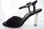 NIB Chanel Ruler Black Velvet Ankle Strap Sandals SZ 36.5 Logo CC peep Toe $1125