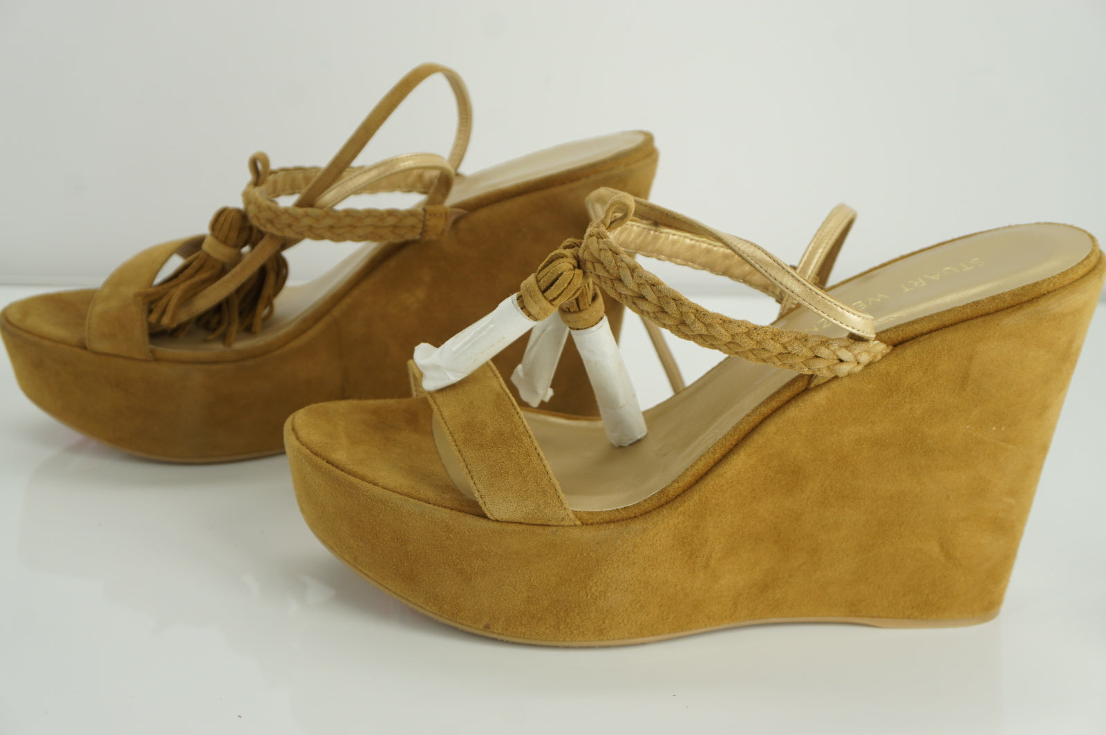 Stuart Weitzman Tasselmania Camel Suede Wedge Sandal Size 10 NIB $455