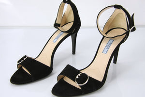 Prada Black Suede Ankle Strap Sandals size 39.5 High Heel New Circle Buckle $750