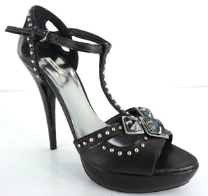 Miu Miu Black Leather Studdt T strap Platform Heels Sandals Size 37.5 $985 Prada
