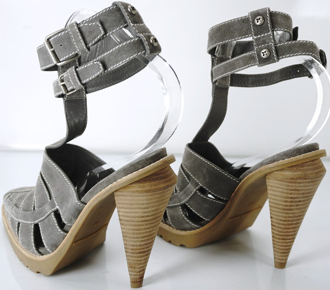 Alexander Wang Grey Suede 'Abbey' Ankle T Strap Caged Sandals Size 38 New $495