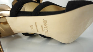 Jimmy Choo Tarine Black Suede Gold Leather Open Toe Cut Out Sandals SZ 38.5 $895