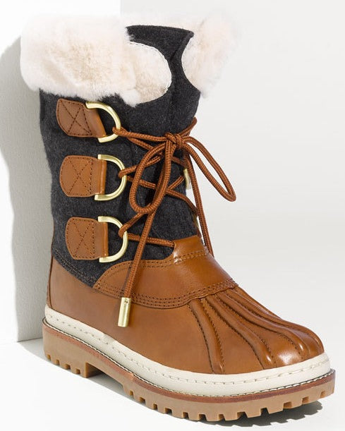 Tory Burch Grey Flannel Brown Leather Duck Boots Size 5 Shearling Trim NIB $295