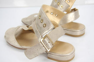 Stuart Weitzman Leather Cuffy Metallic Ankle T Strap Sandals Size 6 NIB Flats