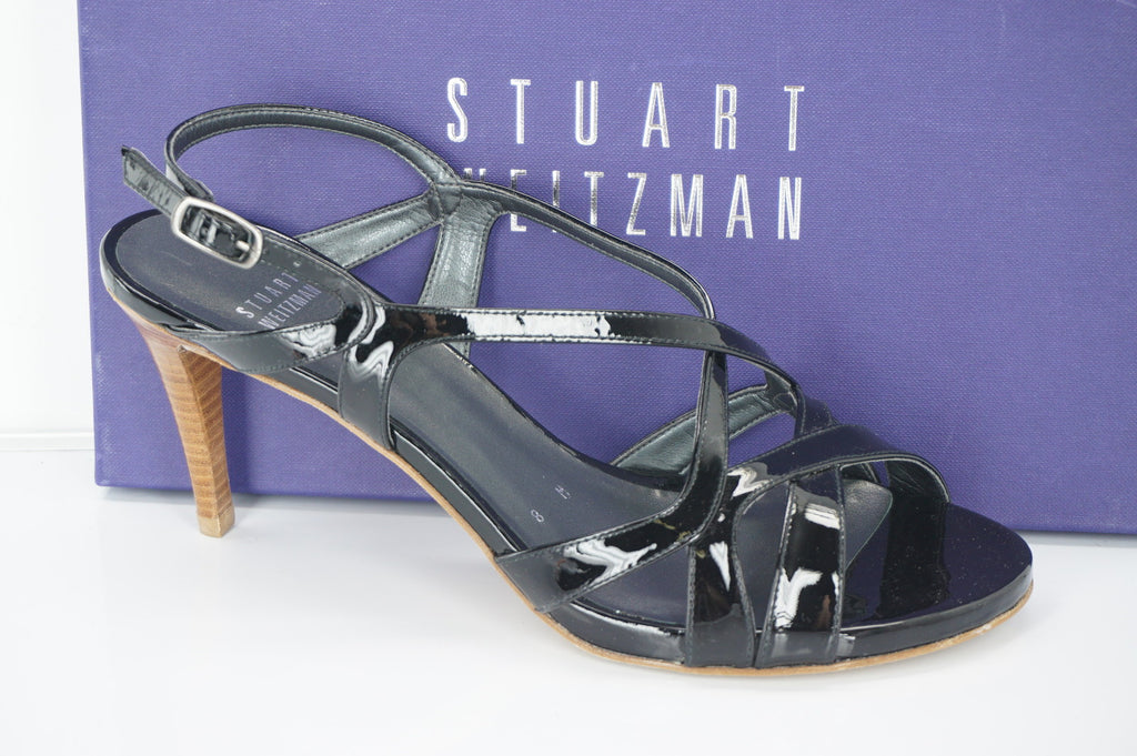 Stuart Weitzman Black Patent Leather Operetta Strappy Sandals Size 8 NIB $375 Sz