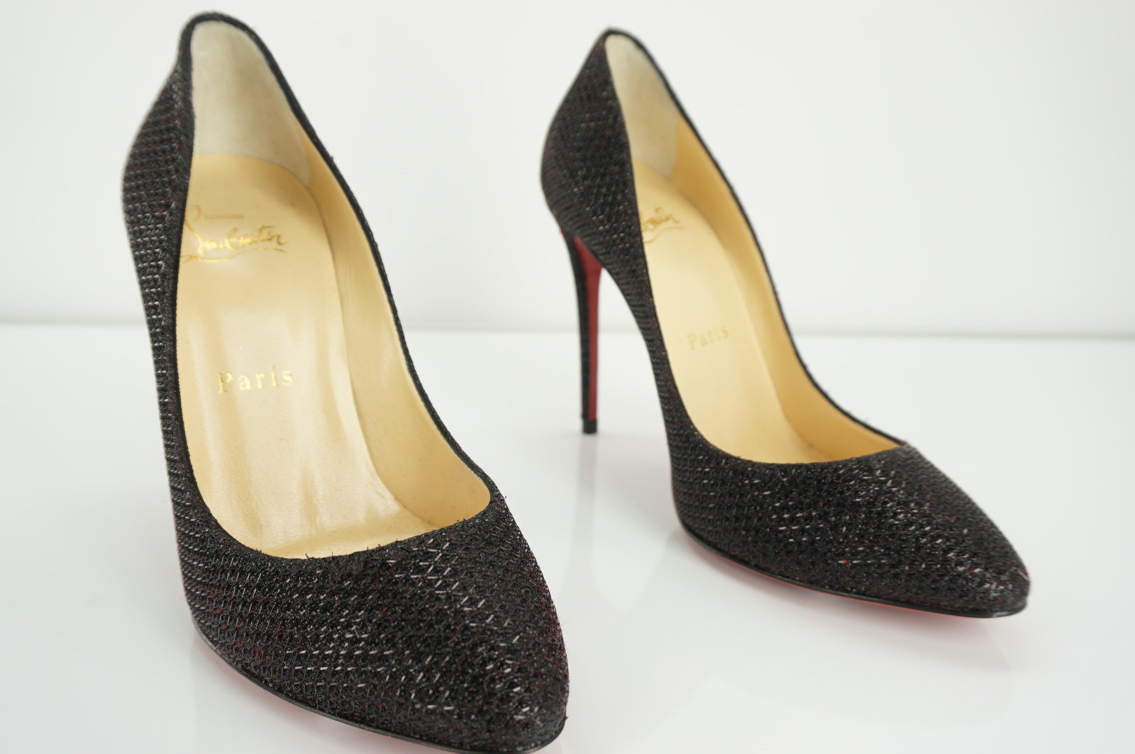 Christian Louboutin Eloise Black Glitter Pumps SZ 35 Pointy Red Bottom NIB $745