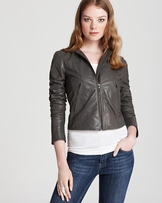 Theory Black Leather Fida Crop Front Zip Biker Jacket Size Large $815 Womens Sz