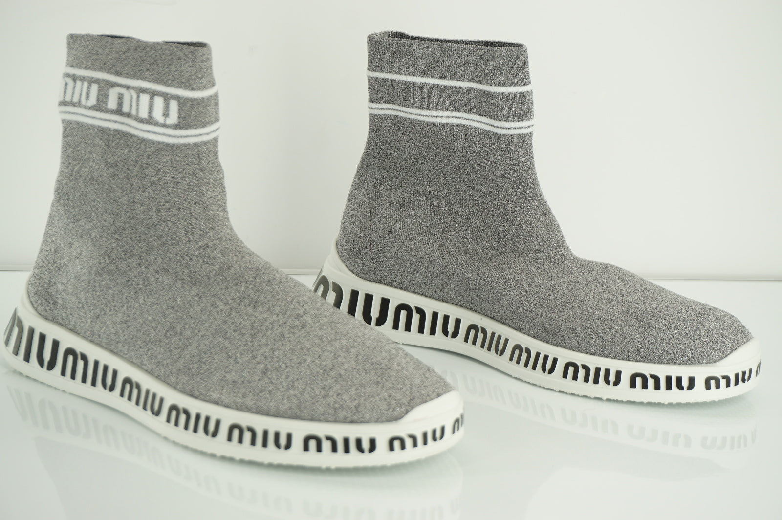 Miu Miu Logo Heel Sock High Top Sneaker SZ 38.5 Silver Glitter Fabric NIB $745