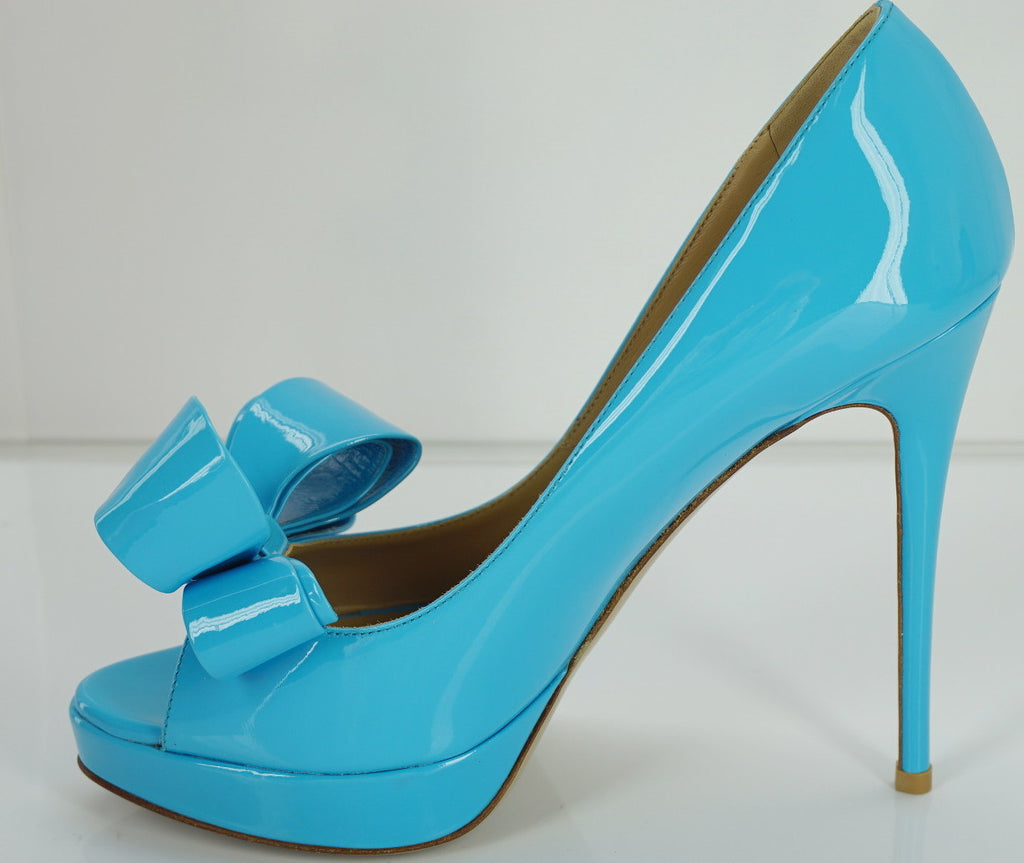 Valentino Blue Patent Bow Ope Toe Platform Pumps SZ 37 high heels $895 NIB