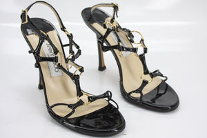 Jimmy Choo Black Patent Ring Strappy Sandal SZ 36.5 caged Ankle Heels $695