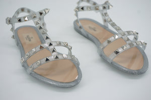 Valentino Rockstud Gladiator Thong Jelly PVC Sandal SZ 37 New Silver Glitter$495