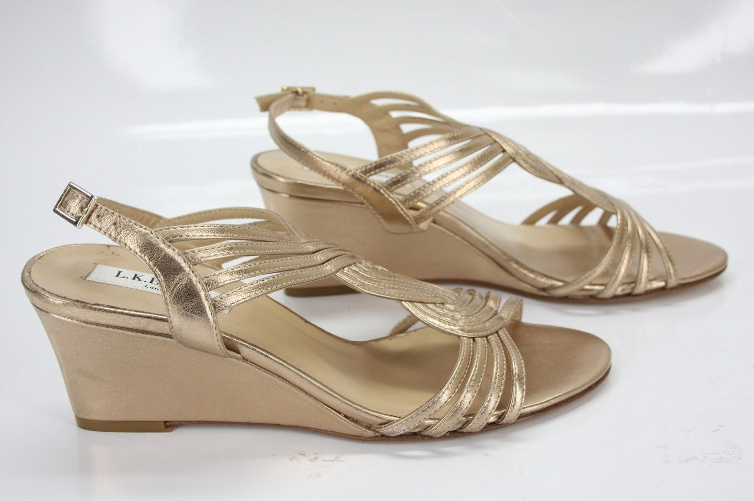 L.K. Bennett Metallic Gold Leather Dunes Caged Strappy Wedge Sandals size 36 New