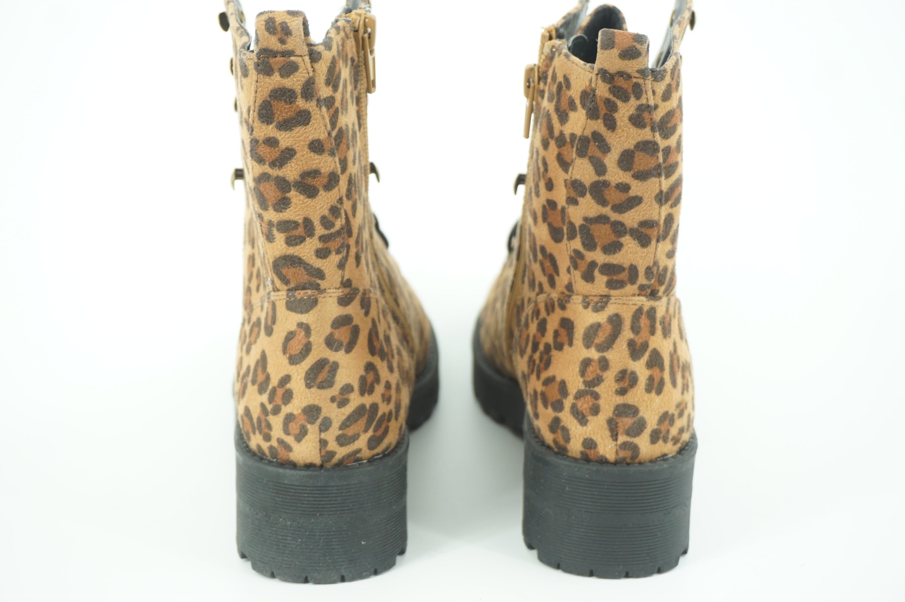 Mia Miki Combat Leopard Print Lug Ankle Boots Size 6.5 Zip Lace Up Brown