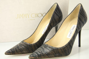Jimmy Choo Black Striped Glitter Abel Pointy Toe Heels Pumps Size 38.5 NIB $625