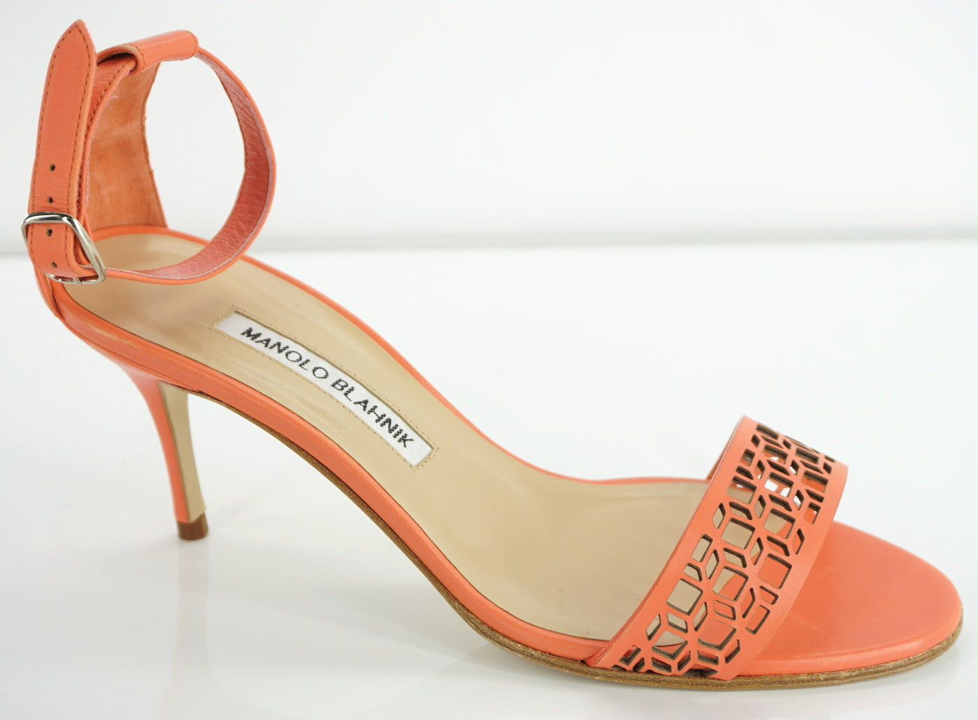 Manolo Blahnik Coral Leather Maurila Ankle Chaos Cuff Sandals size 36.5 NIB $815